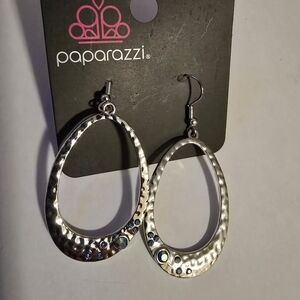 paparazzi Silver Hammered Teardrop Earrings with Blue Accents